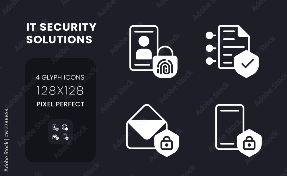 Poster cyber security solutions white solid desktop icons set. authentication control. risk management. pix