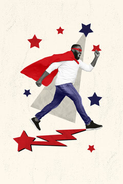 Vertical creative photo abstract collage of hurry rush superhero man walk on independence day celebration isolated painted background
