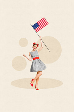 Vertical collage image of cheerful gorgeous girl arm hold united states national flag isolated on painted background