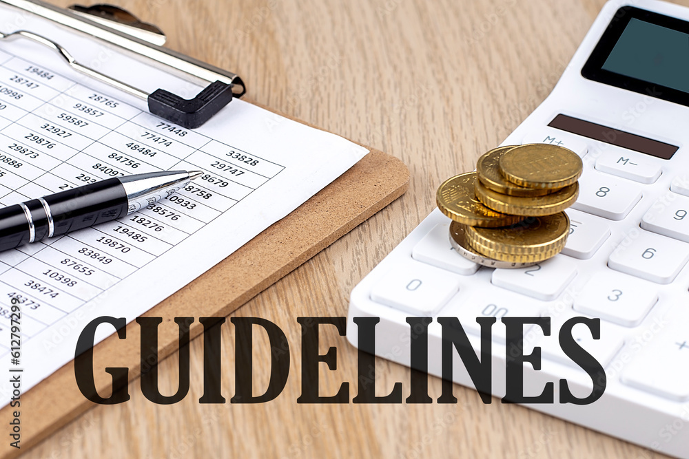 Poster guidelines text with chart and calculator and coins , business concept