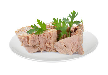 Canned tuna fish in plate on transparent png