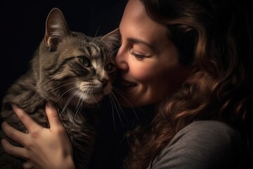 A photo of a woman tenderly kissing and hugging her cat. Generative AI