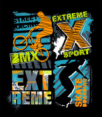 Urban style modern t-shirt  with boy on bicycle BMX and skateboards. Sport extreme style illustraton for guys.