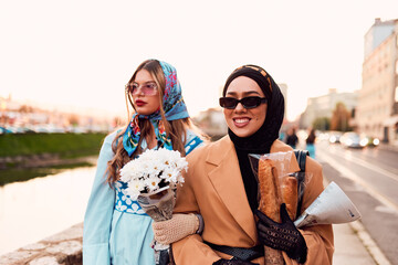 Couple woman one wearing a hijab and a modern yet traditional dress, and the other in a blue dress...