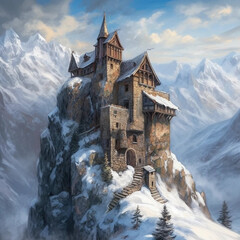 A Painting of a Big Fantasy Cabin Upon a Mountain Cliff Generative AI
