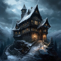 Obraz premium A Painting of a Big Fantasy Cabin Upon a Mountain Cliff Generative AI
