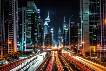 Fototapeta premium A bustling cityscape at night with vibrant lights and towering skyscrapers. Generative AI