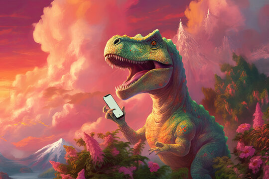 TRex Dinosaur using iPhone illustration, beautiful pink and green rainforest, mountains, generative ai