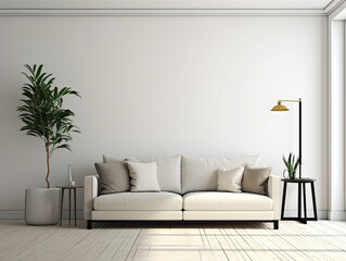 Fototapeta na wymiar Interior living room with sofa and decorations. Scandinavian design. Generative AI.
