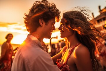 A close - up shot of a couple passionately dancing at a beach club. Generative AI