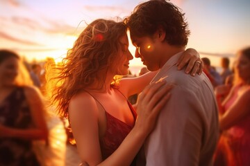 A close - up shot of a couple passionately dancing at a beach club. Generative AI