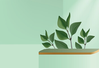 3D Product Display Podium Scene with Green Leaf Geometric Platform - Green Studio Pro Vector Background