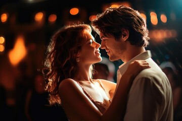 A close - up shot of a couple passionately dancing at a night club. Vibrant Colors. Generative AI