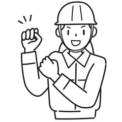 ガッツポーズをする作業服を着た若い女性の上半身