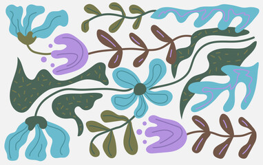 Horizontal poster with abstract flowers. Bouquets of flowers. Drawing style. Cute botanical shapes