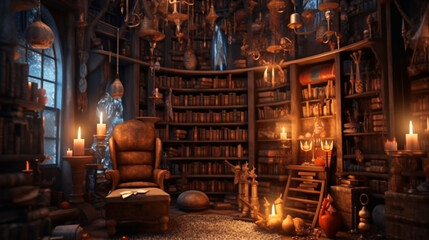 Naklejka na ściany i meble Wizards room with library old books