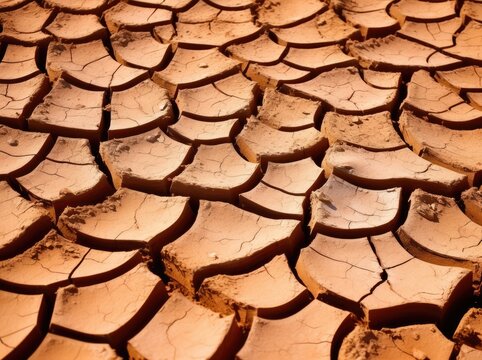 Dry cracked land in a desert, in the style of terracotta, environmental awareness. Generative AI