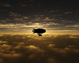 3d illustration of a Steampunk Airship sailing high above the clouds as the sun sets