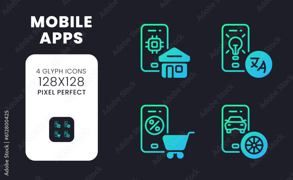 Poster mobile apps blue solid gradient desktop icons. e-commerce. digital assistants. software development.