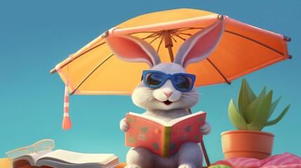 Obraz na płótnie Canvas A delightful digital illustration of a fluffy bunny character lying on a beach towel, wearing sunglasses, and reading a book under a colorful beach umbrella - Generative ai