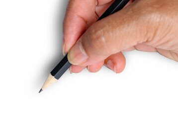 Top view mock up Woman hand writing with a black wooden pencil  isolated on white background. 