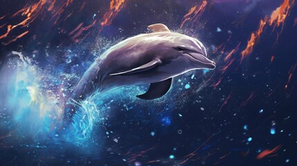 An enchanting digital scene of a friendly dolphin character gracefully jumping out of the water, creating a splash and spreading a sense of awe and wonder - Generative ai