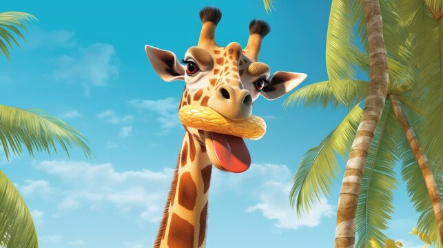 A playful digital image of a friendly giraffe character stretching its long neck to reach a juicy coconut from a palm tree, with its tongue sticking out in anticipation - Generative ai
