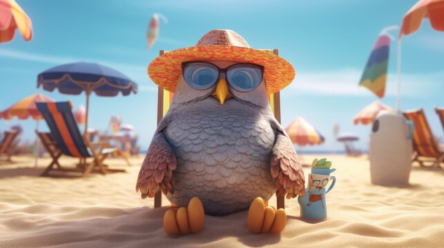 A delightful 3D rendered scene of a curious owl character perched on a beach chair, wearing a sun hat, and observing the bustling activities of beachgoers - Generative ai