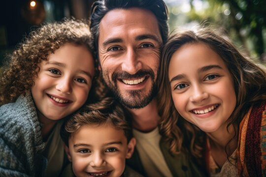 A close - up photo of a beaming American family huddled together, their faces filled with joy and laughter. Generative AI
