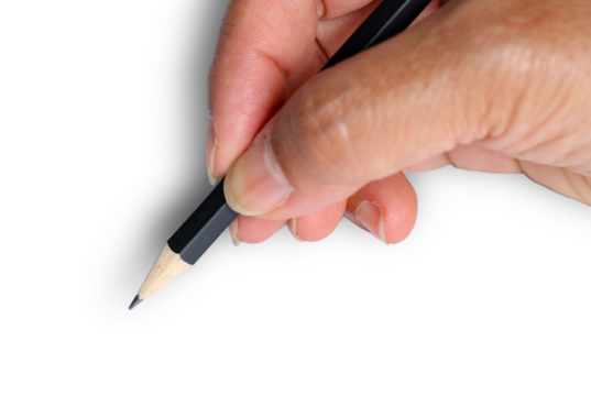 Top view mock up Woman hand writing with a black wooden pencil  isolated on white background. 