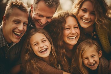 Fototapeta premium A close - up photo of a beaming American family huddled together, their faces filled with joy and laughter. Generative AI