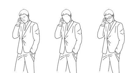 Clipart business man negotiating smiling talking on the phone linear sketch simplified flat illustration. Negotiating minimalistic line set man hand in pocket, wide jacket. Director and employer 