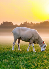 Fototapeta na wymiar Goat with meadow sunrise sky background