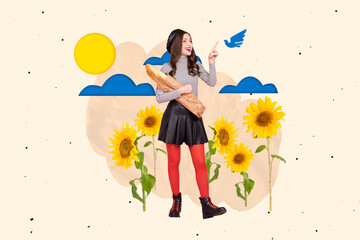 Photo collage artwork minimal picture of excited lady walking enjoying ukrainian fields isolated...