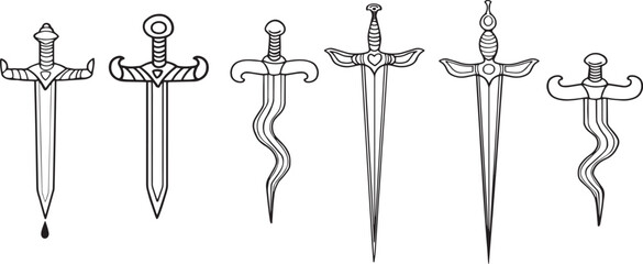 Vector line art dagger design set heroic knife icon symbol contour images Decorated sword weapon illustration Traditional Tattoo Sketch. Clip art game, kids adventure book, logo epic old school style