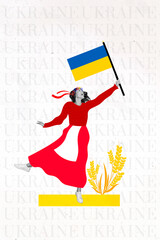 Vertical collage picture of excited girl arm hold ukraine flag wear national traditional clothes isolated on creative background