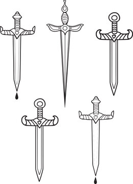 Vector line art dagger design set heroic knife icon symbol contour images Decorated sword weapon illustration Traditional Tattoo Sketch. Clip art game, kids adventure book, logo epic old school style