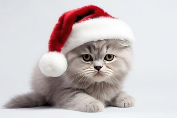 Fototapeta na wymiar cute white kitten with santa hat isolated on white background.Ai generative