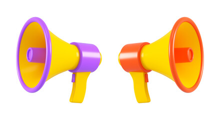 Set of three colored megaphone isolated. Close up breaking news metaphor, disclosure of information concept. 3d rendering.