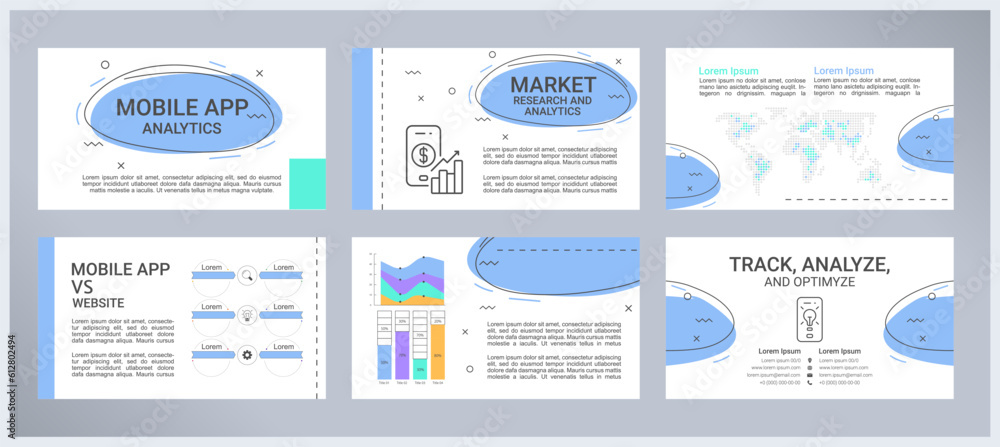 Poster mobile app analytics presentation templates set. market research. performance analysis. application 