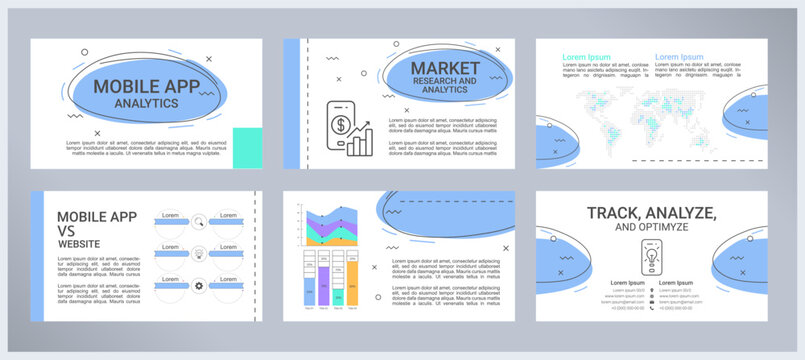 Mobile app analytics presentation templates set. Market research. Performance analysis. Application usage. Ready made PPT slides on white background. Graphic design. Roboto, Arial fonts used