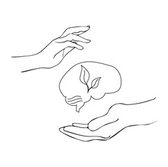 Mental health concept. Female and male hands carefully protect the brain. Modern hand drawn vector illustration. Line art black and white drawing isolated on white.