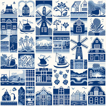 Dutch Delft blue Digital Paper, Holland windmill, Landscape, Dutch Paper for Scrapbooking, Delft blue design, Delft blue tiles