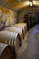 Wine cellars with barrels, traditional wine called Bikaver near Eger, Hungary