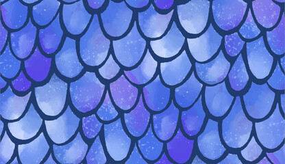 Mermaid pattern, watercolor scale texture. Blue hand painted fish tail underwater seamless vector background.