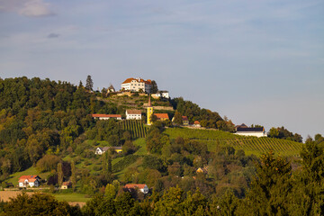 Fototapeta na wymiar Kapfenstein castle and church with vineyard, Styria, Austria