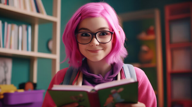 Portrait of a 9-year-old girl with smooth neon pink  hair sitting in a classroom, holding a science book, and looking at the camera while smiling. 