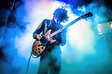 Guitarist shredding an electrifying solo, surrounded by a cloud of smoke and vibrant stage lights. Generative AI