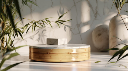 Bamboo product display podium for natural product. Empty scene with bamboo branch. Generative ai 