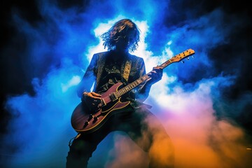 Obraz na płótnie Canvas Guitarist shredding an electrifying solo, surrounded by a cloud of smoke and vibrant stage lights. Generative AI